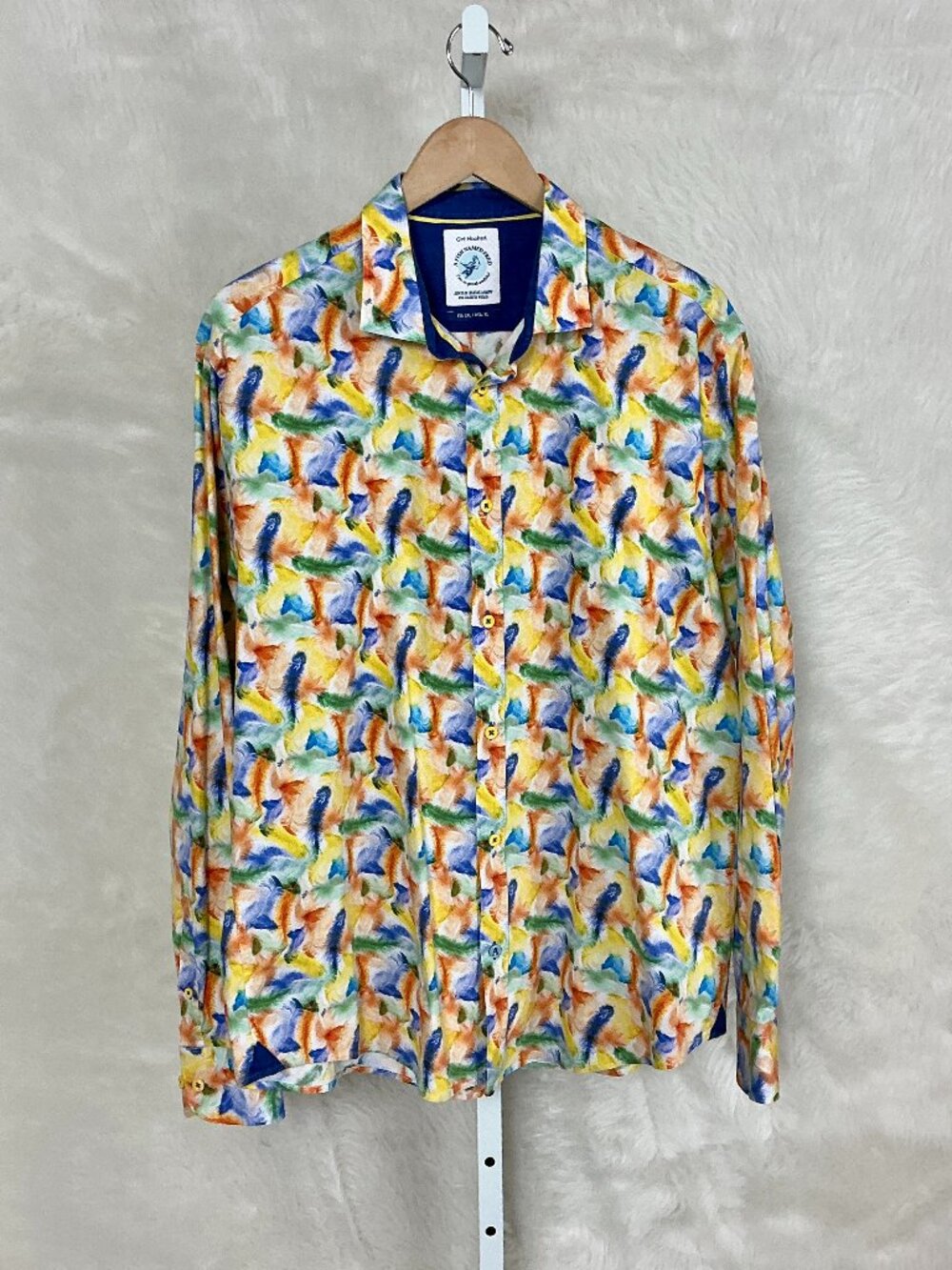 A Fish Named Fred Long Sleeve Blue Orange Yellow Feather Button Front Shirt XL